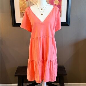 UNIVERSAL THREAD Coral Linen Blend V-Neck Boho Peasant Tiered Midi Dress XXL